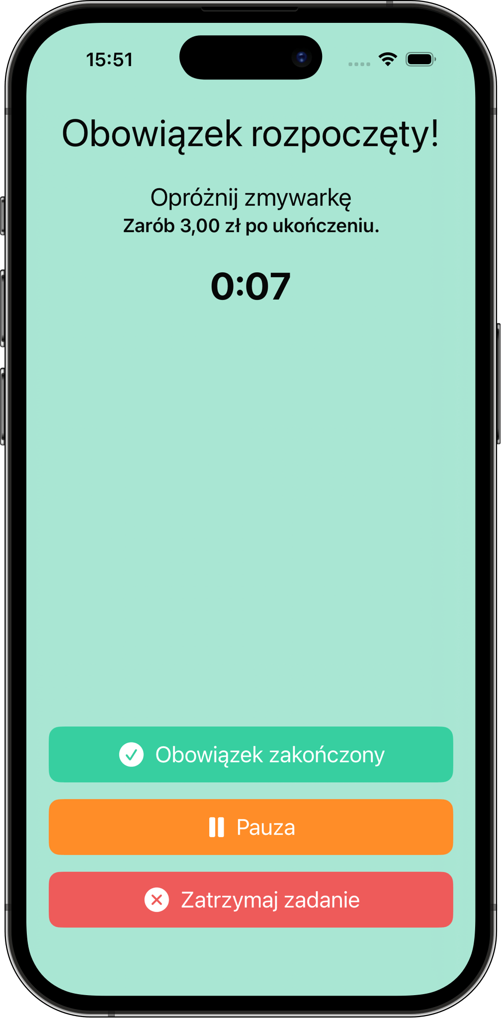Obowiązek w trakcie – Zarabiaj podczas wykonywania Zrzut ekranu aktywnego obowiązku w aplikacji Moje obowiązki z minutnikiem i przyciskami do zakończenia, wstrzymania lub zatrzymania zadania.