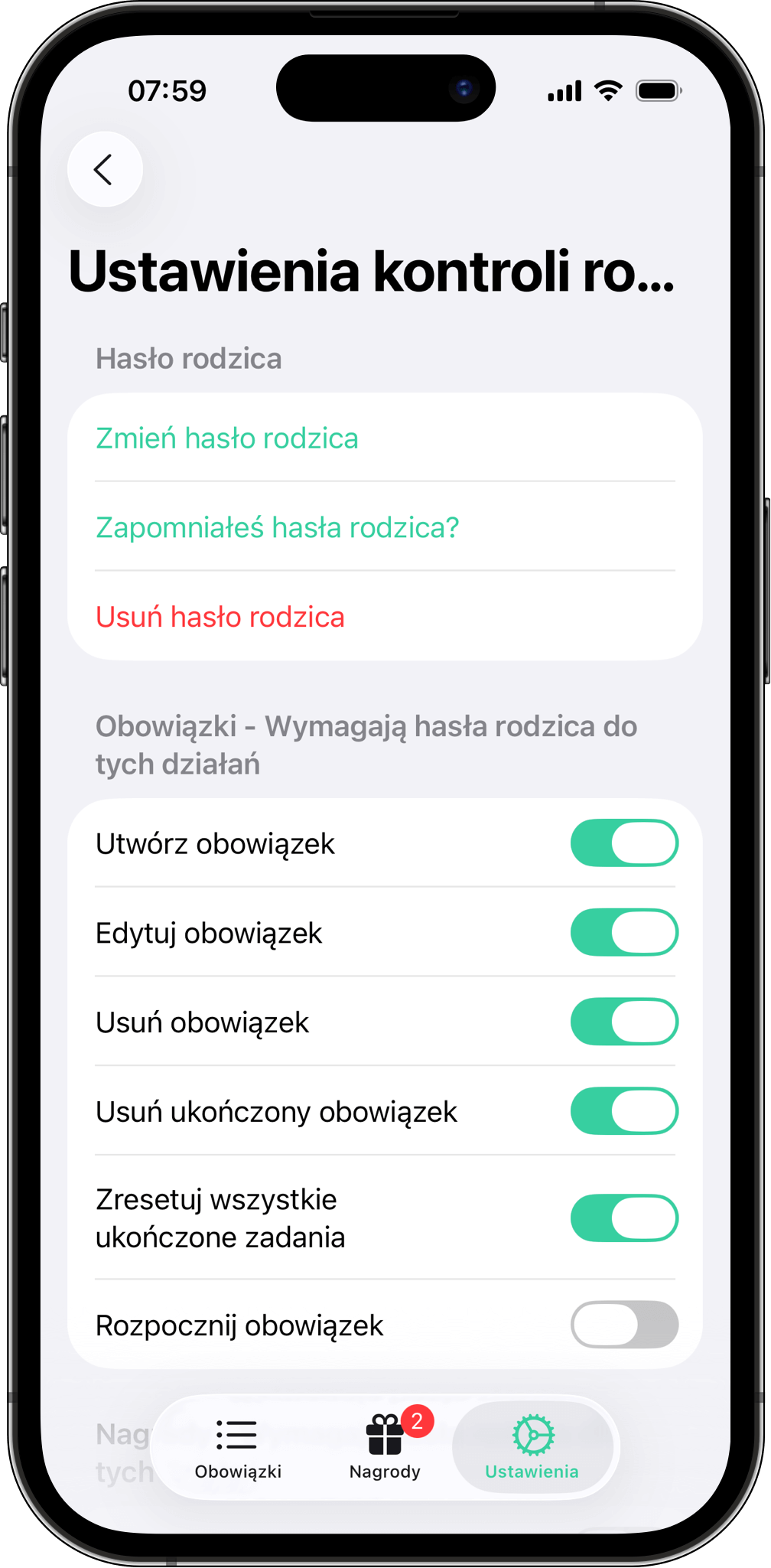 Kontrola rodzicielska – Chroń ważne działania w aplikacji Moje obowiązki Zrzut ekranu z ustawieniami kontroli rodzicielskiej w aplikacji Moje obowiązki, gdzie można ustawić hasło do tworzenia, edytowania lub usuwania obowiązków i nagród.